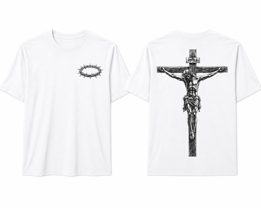 INRI Crucifixion white t-shirt front and back
