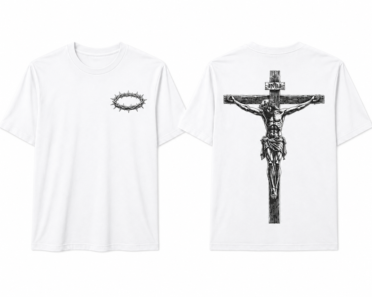 INRI Crucifixion white t-shirt front and back