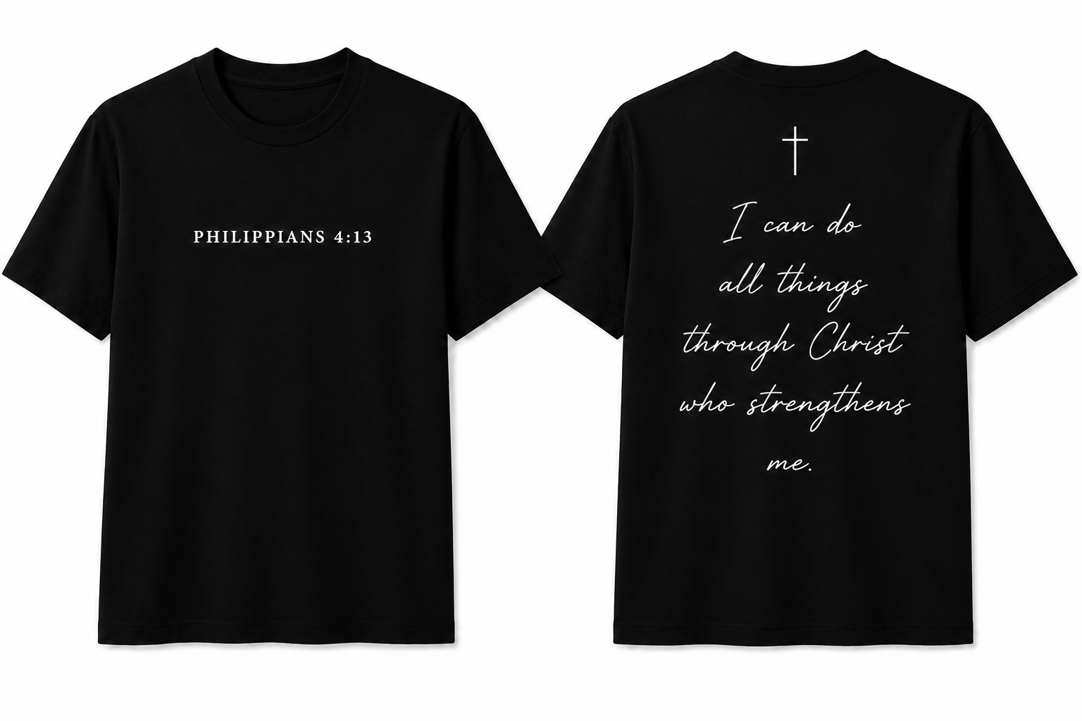 Philippians 4:13 black t-shirt front and back