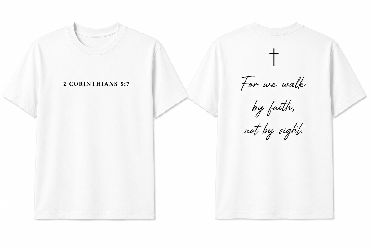 2 Corinthians 5:7 black t-shirt front and back