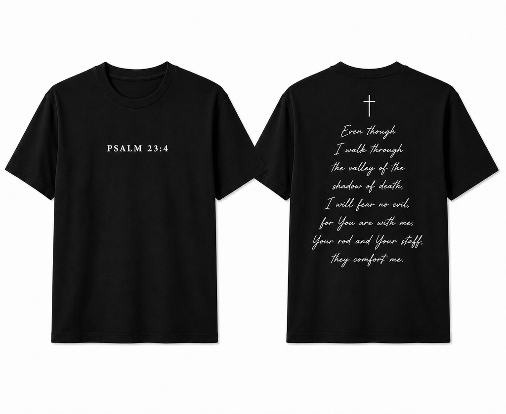 Psalm 23:4 black t-shirt front and back
