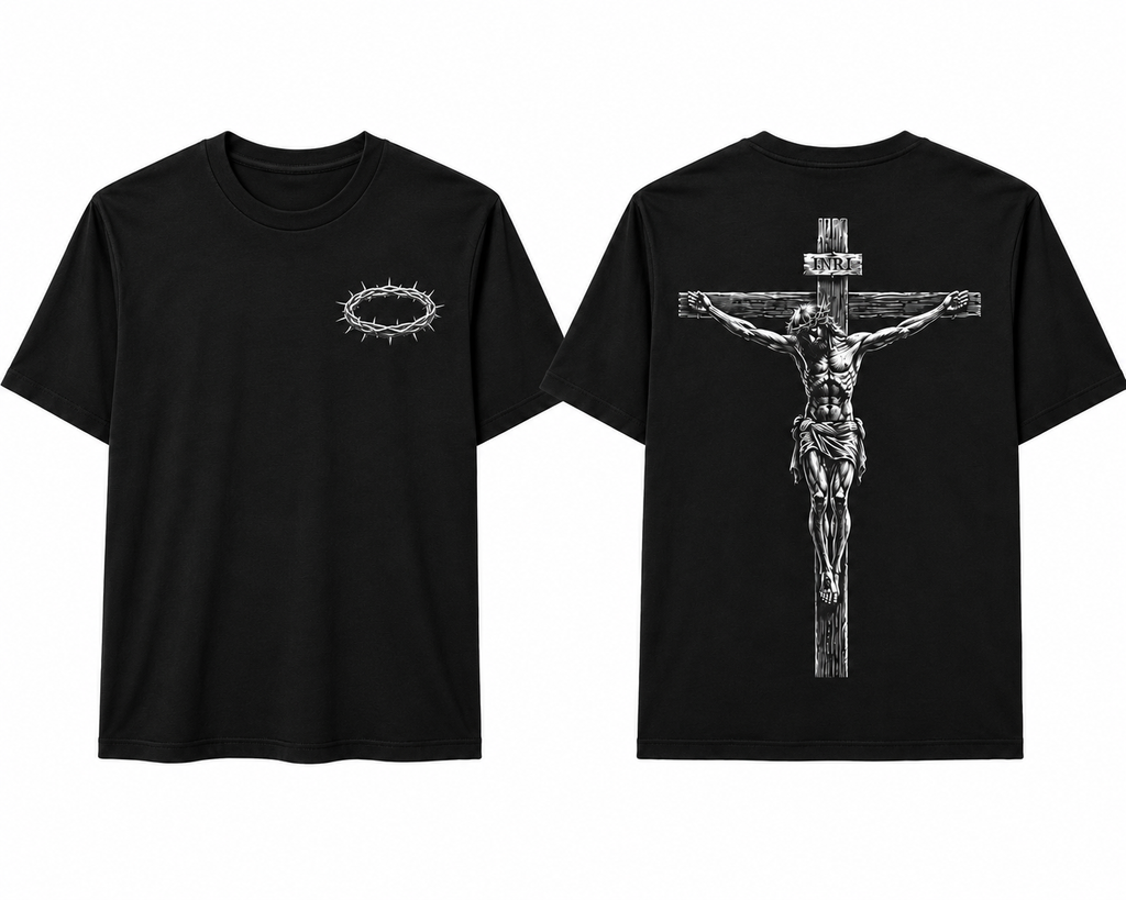 INRI Crucifixion black t-shirt front and back