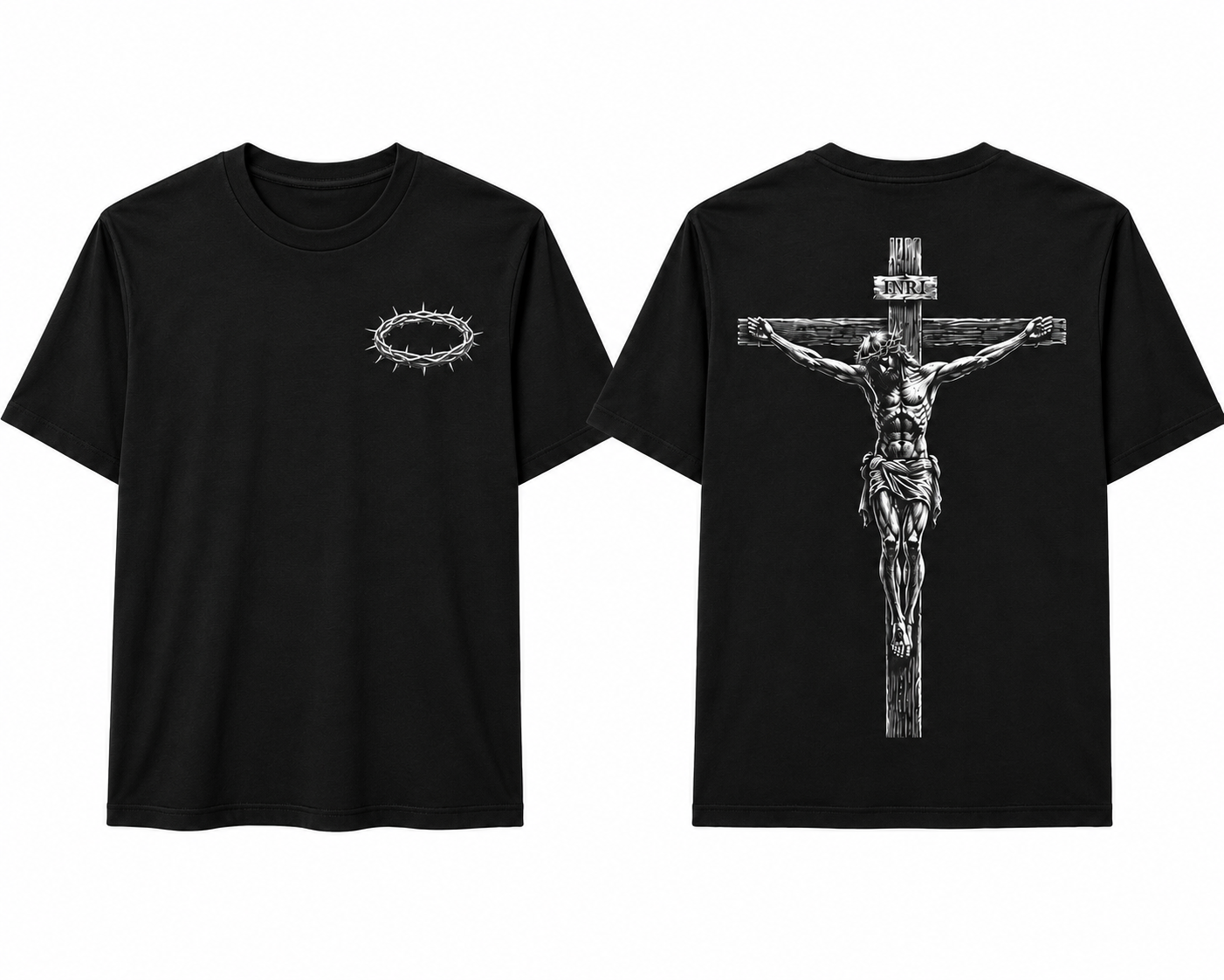 INRI Crucifixion black t-shirt front and back